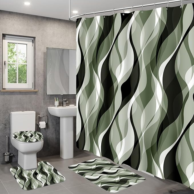 4PCS Sage Green Abstract Shower Curtain Sets with Rugs, Modern Striped Bathroom Sets with Shower Curtain and Rugs, Luxury Bathroom Curtains Shower Set with Toilet Lid Cover