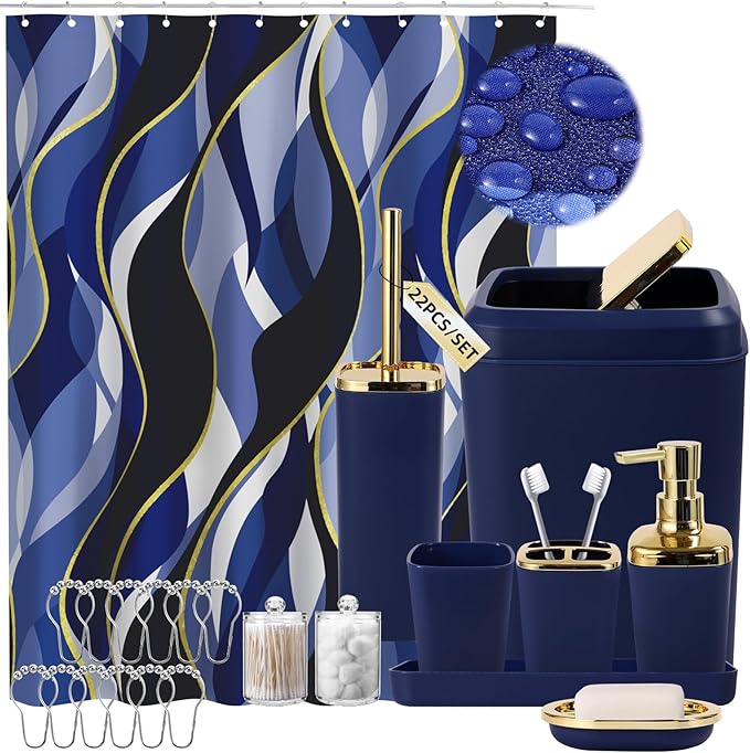 XLHOMO Blue Bathroom Set, Bathroom Sets with Stripe Shower Curtain, Navy Blue and Gold Bathroom Accessories with Trash Can, Soap Dispenser, Soap Dish, Toilet Brush Holder, Qtip Holders for Bathroom