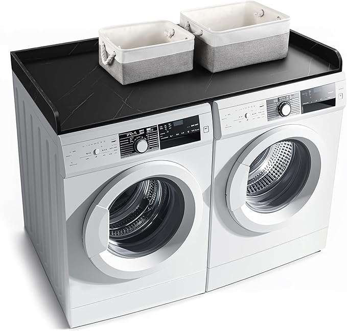 GLDZI Washer Dryer Countertop with 2 Pack Storage Baskets, Wood Washer and Dryer Countertop with Non-Slip Pads/Edge Rails for Laundry Room Storage and Organization, 27.5" W x 54" L(Black Marble)