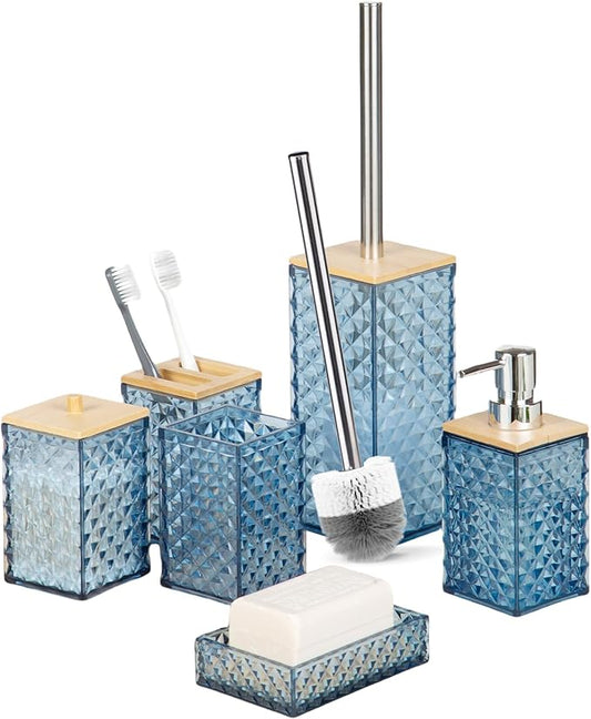 Bathroom Accessory Set, Grid Pattern 6 Pcs Plastic Bathroom Set Include Qtip Holder Dispenser, Toilet Bursh, Soap Dispenser, Soap Dish, Toothbrush Holder, Mousewash Cup(Dark Blue)
