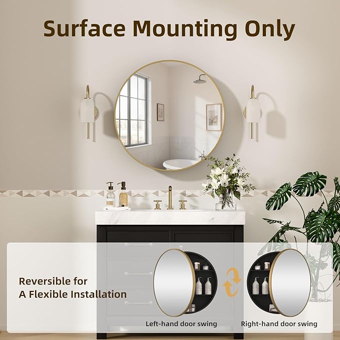 28 x 28 Inch Round Medicine Cabinet with Mirror,Gold Circular Bathroom Cabinet Wall Mounted,Metal Framed Mirror Medicine Cabinet with Adjustable Shelves for Bathroom Vanity