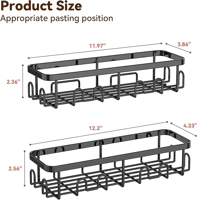 YASONIC Adhesive Shower Caddy, 2 Pack Black Shower Shelves for Inside Shower, Rustproof Shower Organizer with Soap and Toothbrush Holder, No Drilling Shower Storage for Bathroom/Kitchen