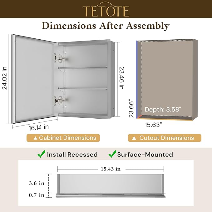 TETOTE 16 x 24 Bathroom Mirror with Storage with Tempered Beveled Mirror Silver Medicine Cabinet Aluminum Cabinet DTC Hinges, Stepless Adjustable Shelves, Recessed/Surface-Mounted