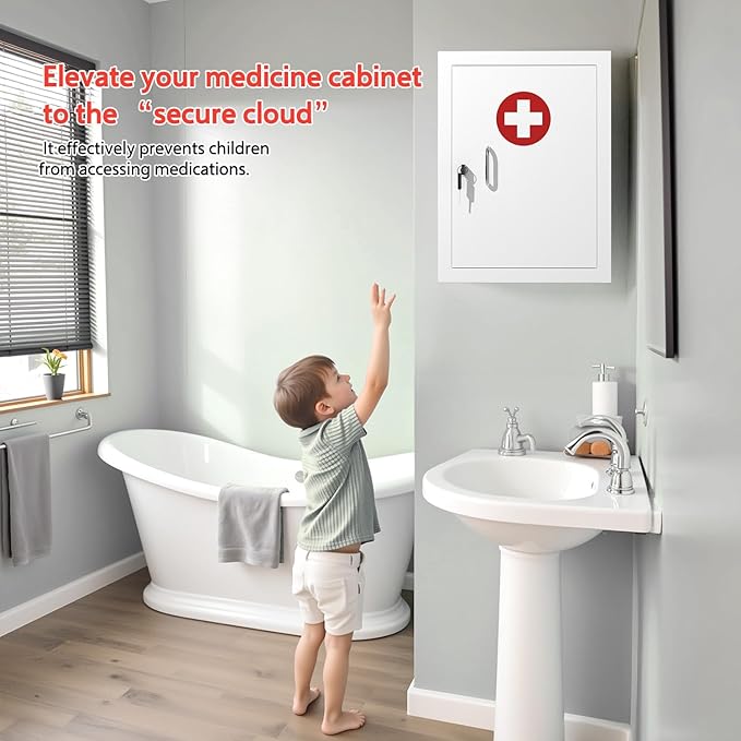 Locking Medicine Cabinet Wall-Mount: Storage Cabinet with Lock & Key - White Metal First Aid Kits for Childproofing and Family Safety