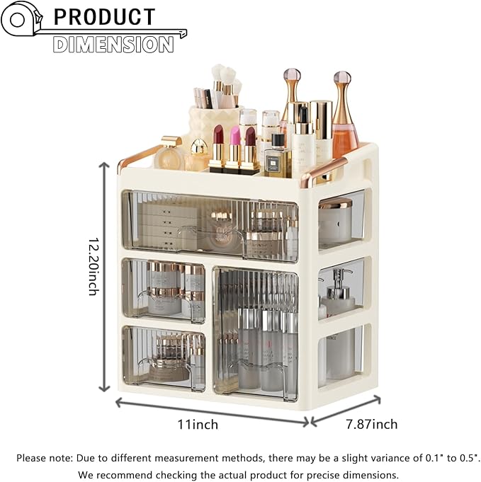 Makeup organizer, 1 large drawer+2 small drawers+1 vertical drawer, suitable for dressing tables, lipsticks, skincare products, and desktop storage boxes
