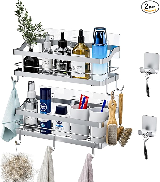 Carwiner Shower Caddy Bathroom Shelf 2-Pack, Basket with 8 Hooks for Hanging Shampoo Conditioner, SUS304 Stainless Steel Rack Wall Mounted Storage Organizer for Kitchen, No Drilling