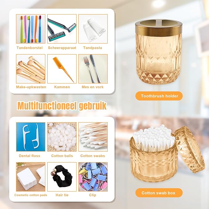 5Pcs Golden Bathroom Accessories Set, Glass Bathroom Accessories, Vintage Bathroom Countertop Decoration Includes Soap Dispenser, Toothbrush Holder, Qtip Holder,Soap Dish and Rinsing Cup