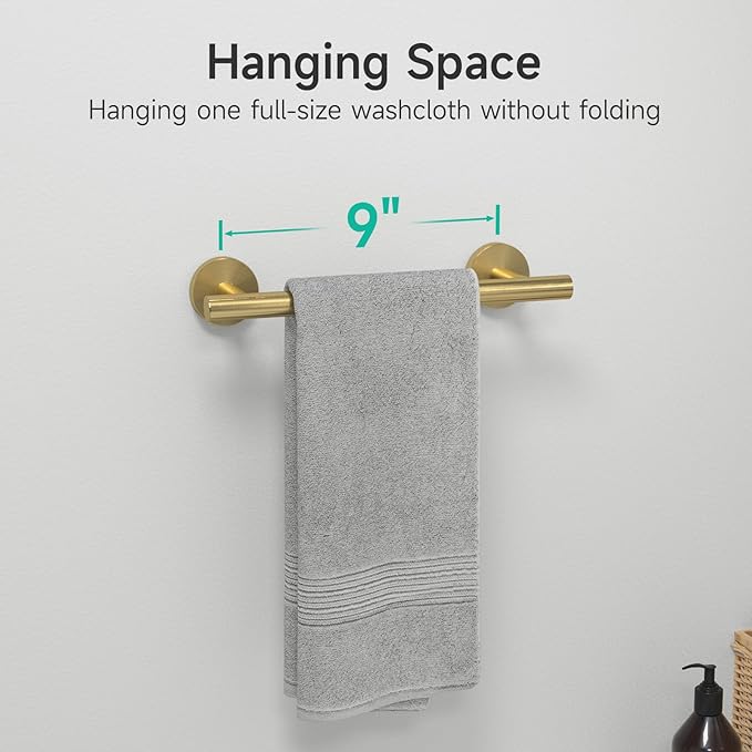 USHOWER Brushed Gold Hand Towel Bar, 9-Inch Towel Racks for Bathroom Wall-Mounted, SUS304 Stainless Steel Towel Rod (Total Length 11-Inch)