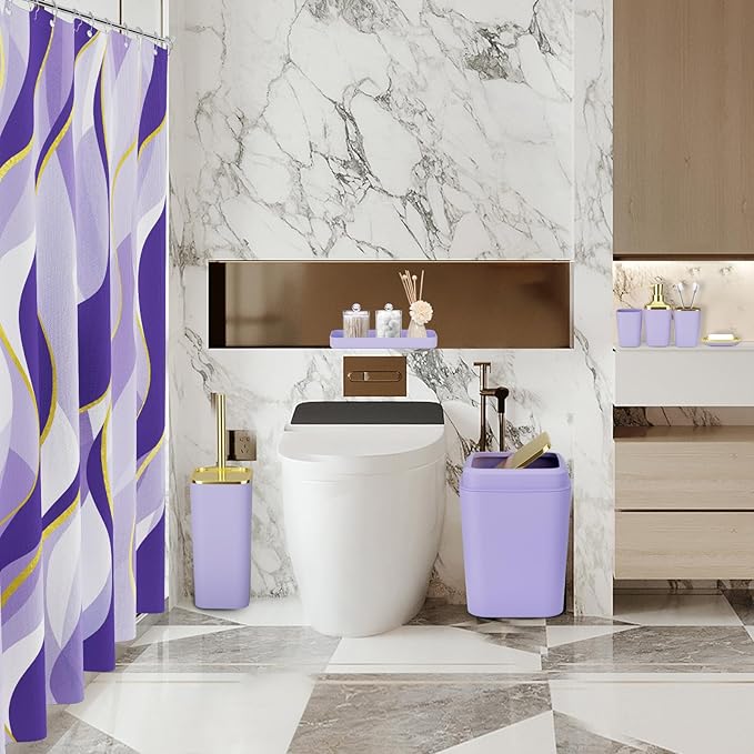 XLHOMO Purple Bathroom Accessories, Bathroom Sets with Stripe Shower Curtain, Purple and Gold Bathroom Accessories Set with Trash Can, Soap Dispenser, Soap Dish, Qtip Holders for Bathroom