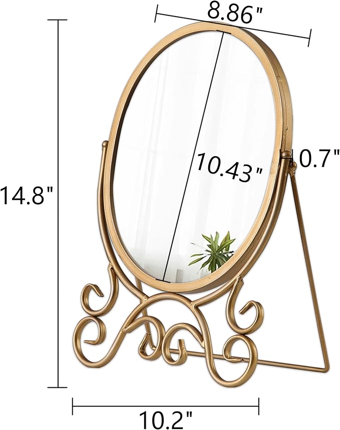 Vintage Gold Standing Mirror 10 X 15 Inch, Metal Framed Oval Table Mirror, Antique Makeup Mirror with Stand for Desk, Vanity Mirrors Tabletop for Living Room Bathroom Bedroom Shelf