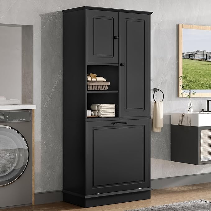 Virubi Tall Laundry Cabinet with Tilt Out Hamper, Wood Tall Laundry Room Cabinets with Doors, and Adjustable Shelves, for Bathroom Storage Organization, Freestanding, Black