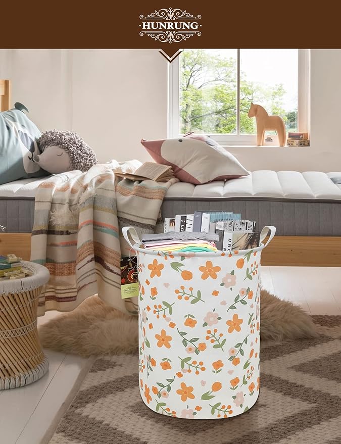 HUNRUNG Laundry Hamper,Large Canvas Fabric Lightweight Storage Basket Toy Organizer Dirty Clothes Collapsible Waterproof for College Dorms???Round-Orange Flower???
