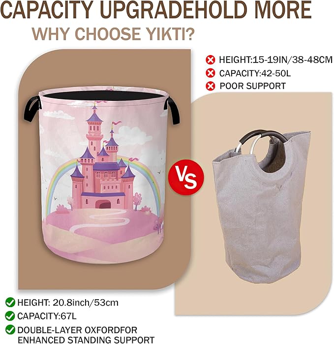 Pink Castle Laundry Basket,Princess Clothes Hamper,Oxford Cloth Collapsible Nursery Hamper Storage Organization for Bedroom,Bathroom,Office,College Dorms,16x20 Inch