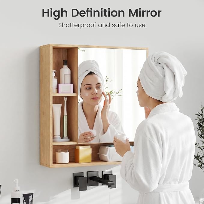 Giantex Bathroom Medicine Cabinet with Mirror, Wall Mounted Medicine Cabinet w/Single Door, 3 Open Shelves & Adjustable Shelf, Space-Saving Hanging Storage Cabinet for Living Room, Hallway (Natural)