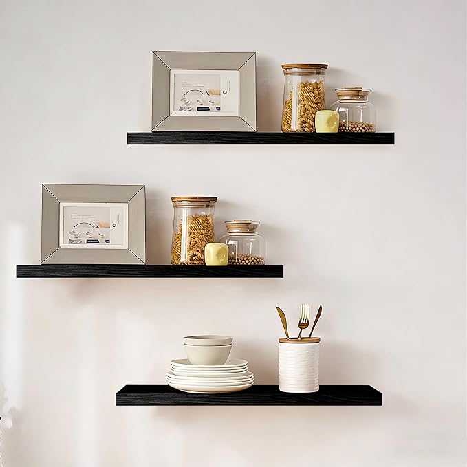 Floating Shelves for Wall, Rustic Wood Shelf for Room Decor/Storage/Display, Small Wall Mounted Hanging Shelves with 20lb Capacity for Bathroom, Living Room, Kitchen (Black)