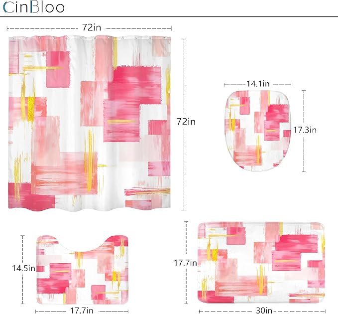 Cinbloo 4Pcs Pink Gold Shower Curtain Set, Modern Abstract Girls Girly Ombre Blush Oil Painting Bathroom Curtain with Rug, Toilet Lid Cover, Bath Mat, Geometry Minimalist Shower Curtain with 12 Hooks