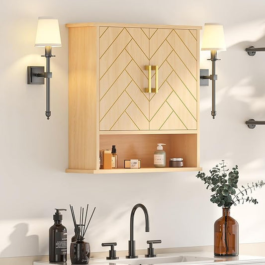 Natural Chevron Pattern Bathroom Wall Mount Cabinet, Gold Accent Hanging Medicine Cabinet with Open Shelf, Over The Toilet Storage Organizer for Home (23 5/8" x 22 7/8" x 7 1/8")