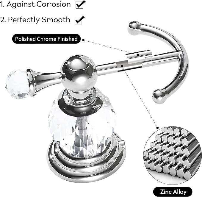 WINCASE Crystal Towel Hook Chrome, Bath Robe Hook, Silver Bathroom Wall Hooks Double for Coats Wall Mounted Modern Style