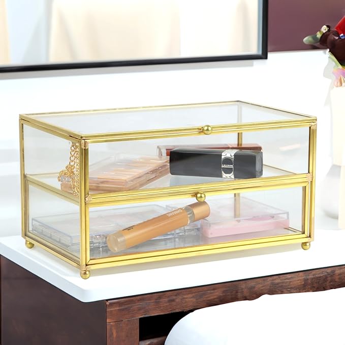 2-Tier Vintage Clear Desk Organizer with Drawer,Gold Decorative Storage Boxes,Jewelry Holder Display Tray Trinket Boxes Glass Memory Keepsake Box Dresser Vanity Wedding Decor Gifts for Her (Gold)