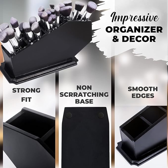Coffin Brush Holder - Gothic Wooden Makeup Organizer for Vanity - Spooky Halloween Decor for Bathroom, Living Room or Bedroom - Witchy Gifts for Women -Black - 11x6x4 Inches