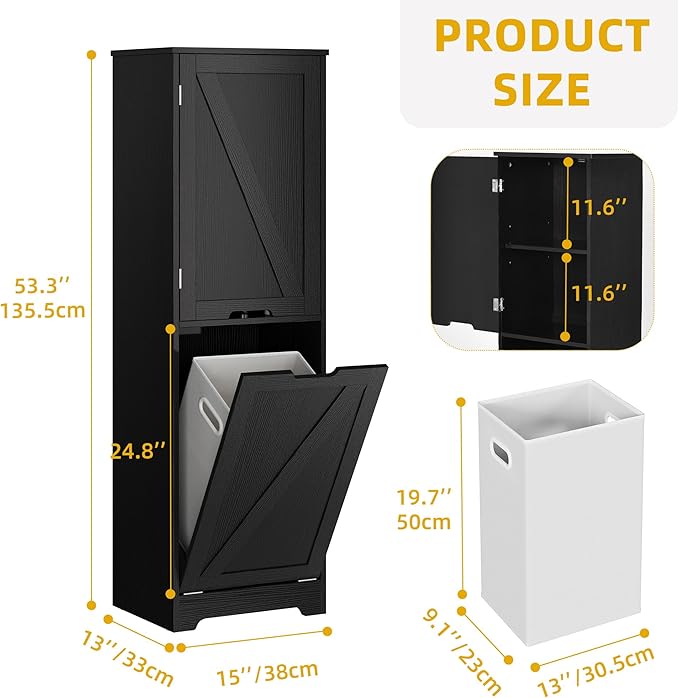 YITAHOME 53" Tall Bathroom Storage Cabinet, Tilt Out Laundry Hamper Cabinet Freestanding Storage Cabinet with Basket Hidden Laundry Hamper, Black