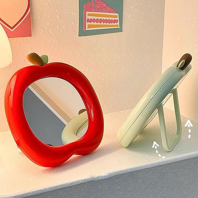 Apple Shaped Makeup Mirror - 6.22x6.3 Inch Portable Vanity Mirror with Stand, Cute Desk Decor for Bedroom, Bathroom & Office (Green)