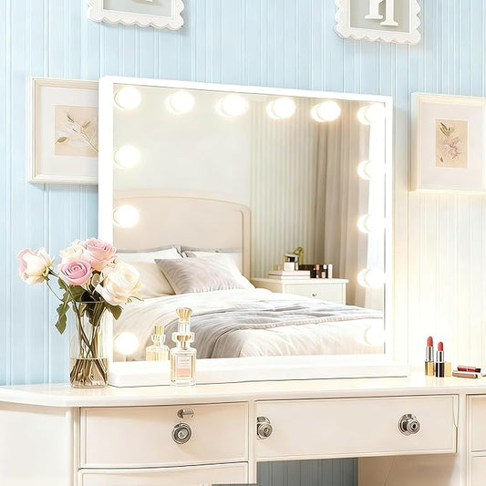 Lighted Vanity Mirror, Hollywood Style, 14.5 Inch LED Makeup Mirror, White/Black, Metal Frame, 10x Magnification, 3 Dimming Modes, Smart Touch Control (White)
