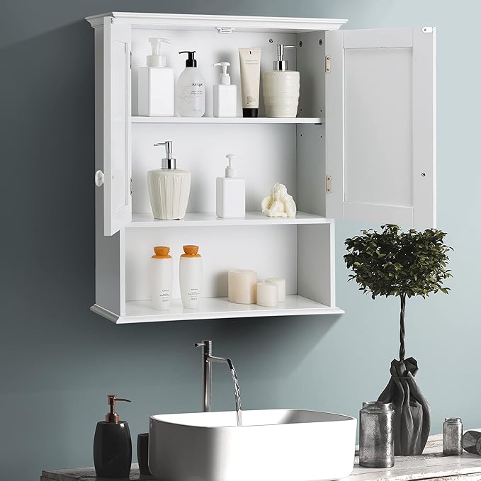 COSTWAY Wall Mounted Bathroom Cabinet, Over The Toilet Storage Cabinet w/Double Doors & Adjustable Shelf, Wood Hanging Medicine Cabinet for Living Room, Entryway, Kitchen (White)