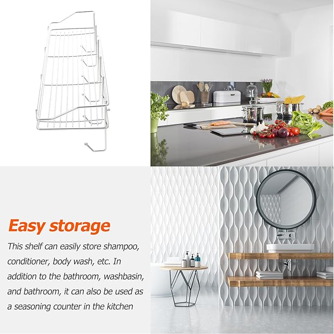 BESPORTBLE Stainless Steel Bathroom Shelf with Suction Cups, Punch-Free Wall-Mounted Storage Rack with Hooks for Kitchen and Bathroom Organization