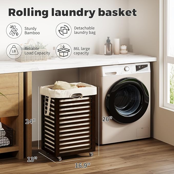 Laundry Hamper with Wheels,Rolling Laundry Basket with Removable Bag,Bamboo Clothes Hampers with Handles for Clothing, Bathroom, Bedroom, Laundry Room (Brown)