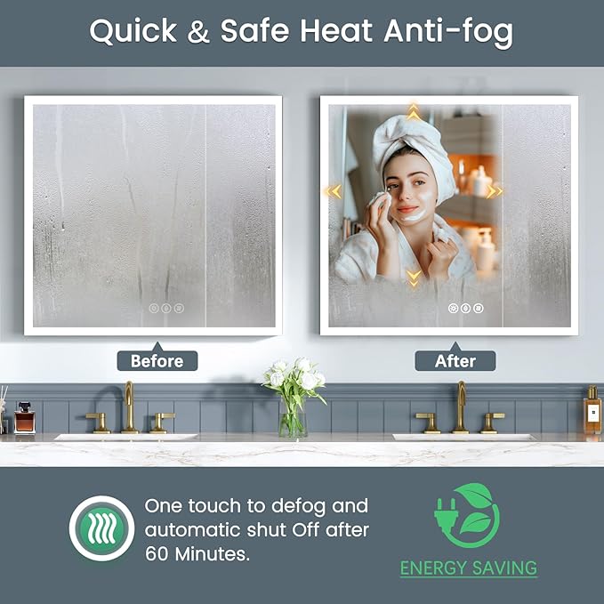 36x32 Inch Lighted Medicine Cabinet with Mirror, AL Alloy, Plug-in or Hardwired, Recessed or Wall Mount, Mirror Doors/3 Colors/Dimmable/Interior Sensor Light/Defog, 2 Outlets&USBs,3 Shelves
