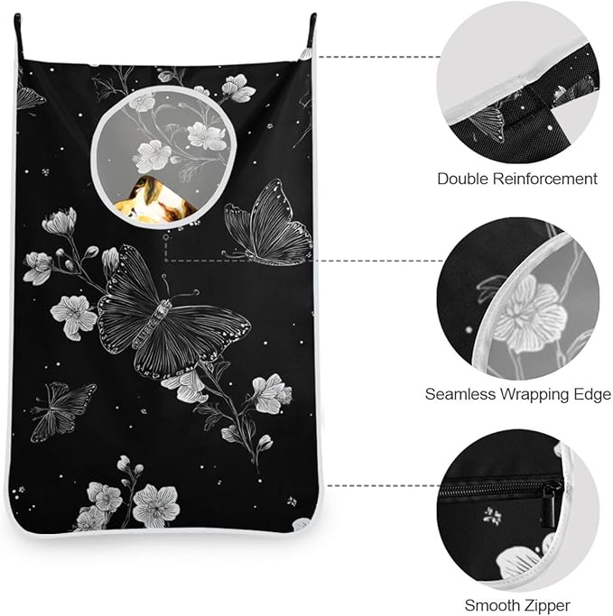 Door Hanging Laundry Hamper Bag with Free Adjustable Stainless Steel Hooks Dirty Clothes Hamper Extra Large Over the Door Laundry Hamper Butterfly Black 29.5X20inch 1 PCS