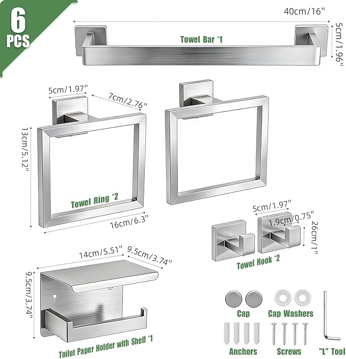 Brushed Nickel Bathroom Accessories 6-Piece, Stainless Steel Classic Bathroom Hardware Set, 16" Towel Bar, Toilet Paper Holder with Shelf, 2 Towel Rings & 2 Hooks, Wall Mounted for Bathroom Apartment