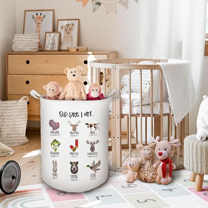 God Says I Am Hunting Nursery Laundry Basket, Toybox for Boys Girls Room, Christian Laundry Basket Hamper Waterproof Collapsible Clothes Toys Storage Bin Organizer for Bedroom Bathroom Kids Room