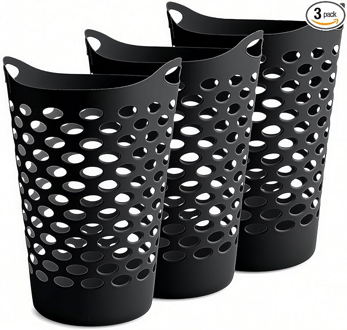 (3 Pack) Black Plastic Round Laundry Hamper - 2.2 Bushel Capacity, Lightweight with Flex Carrying Handles for Home, Dorm, Bathroom & Laundry Room