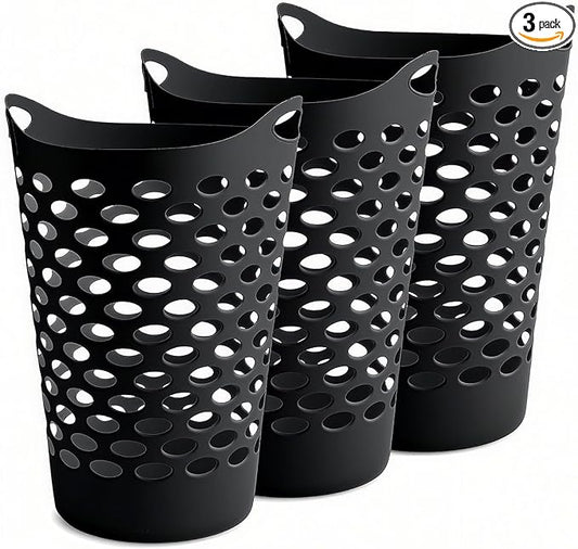 (3 Pack) Black Plastic Round Laundry Hamper - 2.2 Bushel Capacity, Lightweight with Flex Carrying Handles for Home, Dorm, Bathroom & Laundry Room