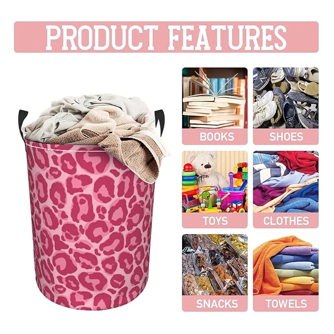 Pink Leopard Texture Round Laundry Hamper Storage Basket Toys Clothes Organizer Bin For Home Bathroom Bedroom Dorm Nursery, 38l