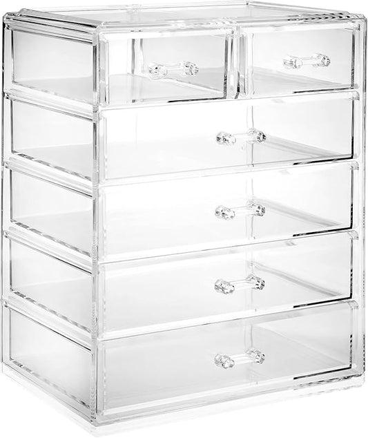 Casafield Acrylic Cosmetic Makeup Organizer & Jewelry Storage Display Case - 4 Large, 2 Small Drawer Set - Clear