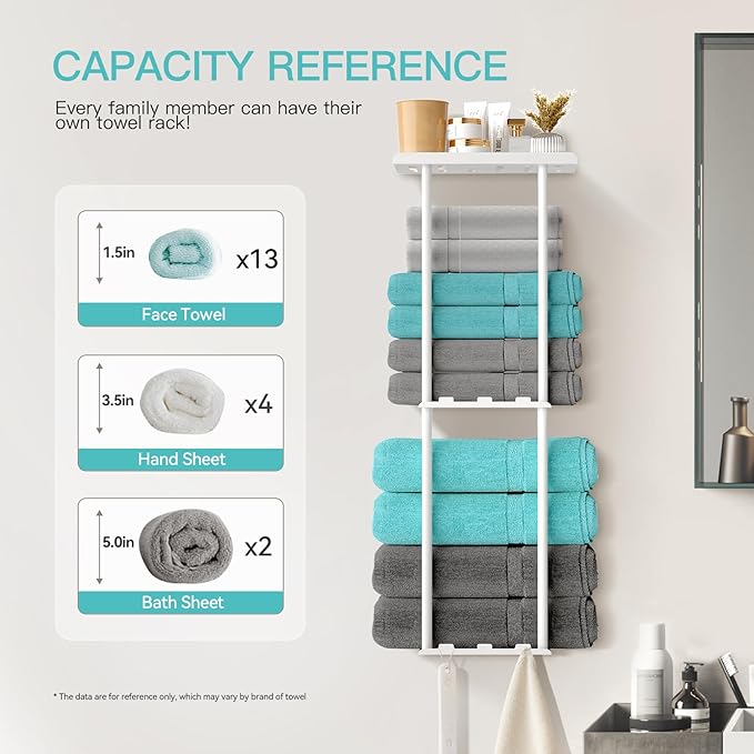 Towel Racks for Bathroom, 3 Tier Metal Towel Holder, with Shelf & 6 Hooks, 29 inch Wall Mounted Towel Storage, 6 Large Bath Towels Capacity,Small Bathroom Towel Rack for Rolled Towels, White