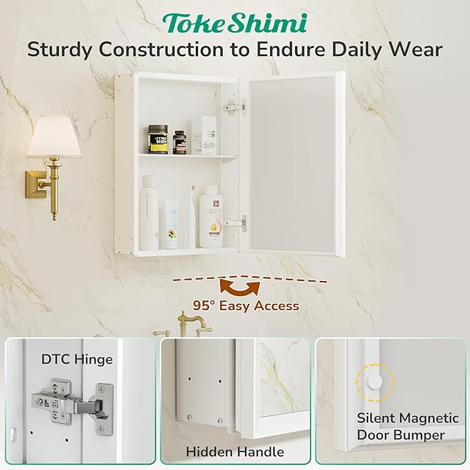 TokeShimi 14 x 18 White Recessed Medicine Cabinet with Mirror, Assembly Required, Bathroom Medicine Cabinet with Mirror, Stepless Adjustable Shelves, Beveled Aluminum Frame, DTC Hinge