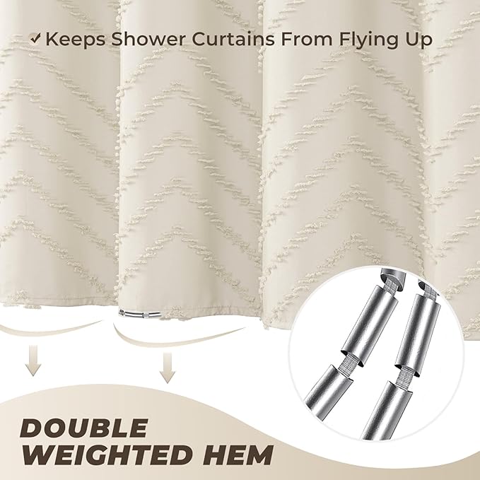 Cream Shower Curtain Boho Farmhouse Shower Curtain 72”W x 72”L Tufted Chevron Textured Minimalist Shower Curtains for Bathroom