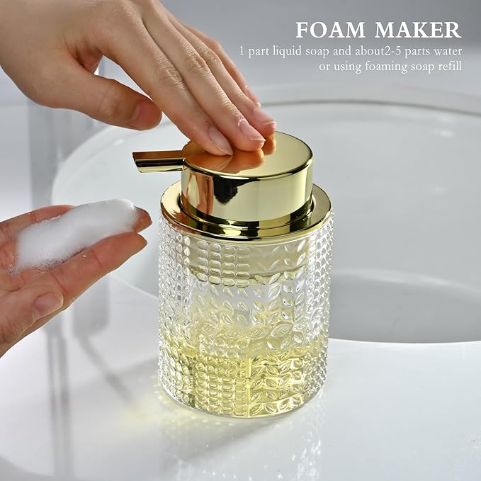 CICUFY Foaming Glass Soap Dispenser,Hand Foam Soap Dispenser for Kitchen & Bathroom-2 Pack（B-Type Clear Glass/Gold Pump）