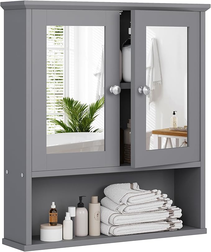 Meilocar Bathroom Wall Cabinet with Mirror, Bathroom Mirror Cabinet Wall Mounted, Over Toilet Medicine Cabinets with Adjustable Shelf, Large Capacity, Grey