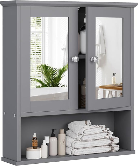 Meilocar Bathroom Wall Cabinet with Mirror, Bathroom Mirror Cabinet Wall Mounted, Over Toilet Medicine Cabinets with Adjustable Shelf, Large Capacity, Grey