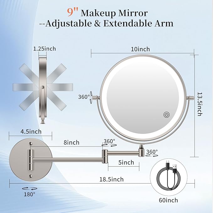 FUNTOUCH 5000mAh Rechargeable Wall Mounted Makeup Mirror with Lights, 9" Double Sided 1X/30X Magnifying Mirror with Dimmable 3 Color Light, Extended Swing Arm 360° Wall Mount Bathroom Mirror,Nickel