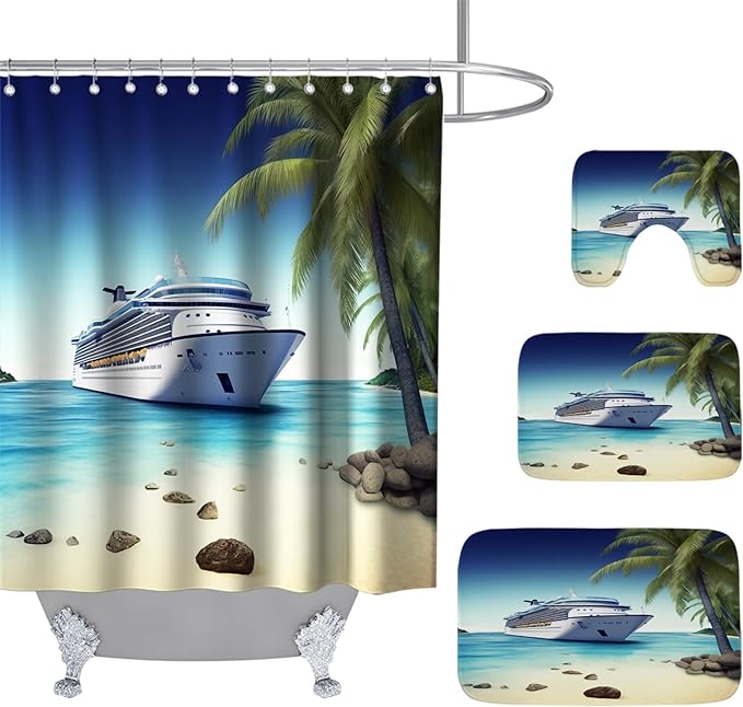 Beach Ocean Coastal Bathroom Sets with Modern Palm Tree Shower Curtain and 20 x 31 Rugs Bathroom Accessories Sets Decor with Bath Rug, Bath Mat, U-Shaped Contour and Hooks 72 x 72 Inch