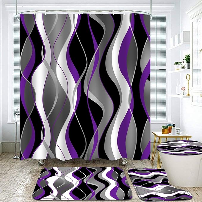Nkzply 4 Pcs Purple Shower Curtain Black Bathroom Sets with Shower Curtain and Rugs Grey Modern Striped Shower Curtain Set White Bathroom Rugs Set Bathroom Decor and Accessories Toilet Lid Cover Hooks
