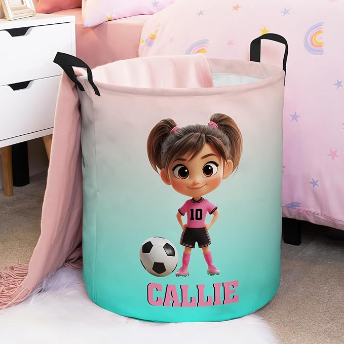 callie Personalized Soccer Laundry Basket for Kids, Custom Cartoon Character Toys Hamper Storage, Soccer Gifts for Boys Girls (13.8" x 16.5", 15.7" x 19.6")