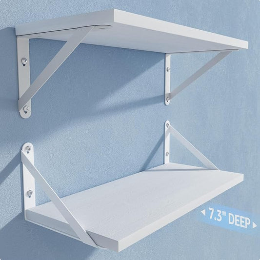 Wall Shelves 7.3" Deep Set of 2, Solid Paulownia Wood Wider Longer Sturdy Easy to Install Wall Mounted Bookshelves Storage Shelves Bathroom Storage Office Laundry Room Bedroom Organizer White
