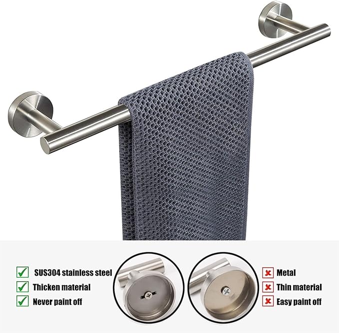 TocTen Bath Towel Bar - 2 Pack Thicken SUS304 Stainless Steel Towel Rack for Bathroom, Bathroom Hardware Accessories Towel Rod Heavy Duty Wall Mounted Towel Holder (16 Inch, Brushed Nickel)